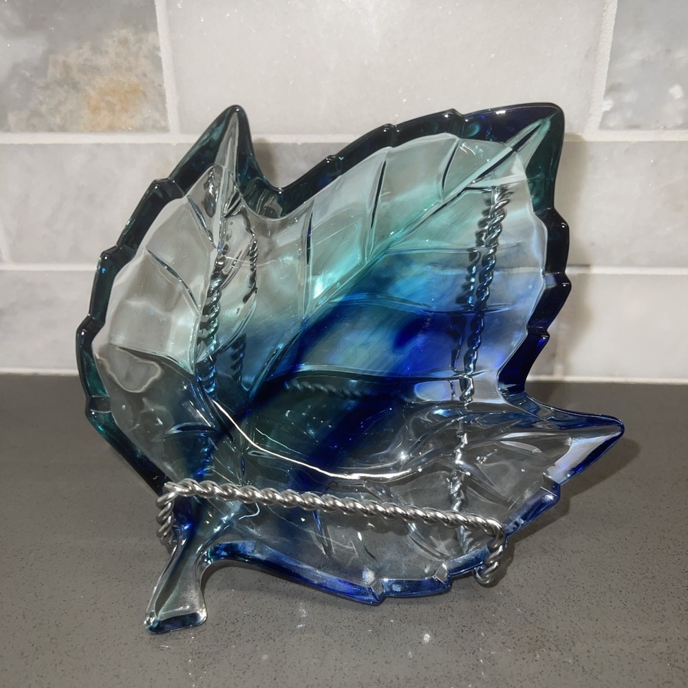 Studio Nova Gallery Art Glass Leaf Bowl w/Fused Blue Glass 6.5" Stem To Tip